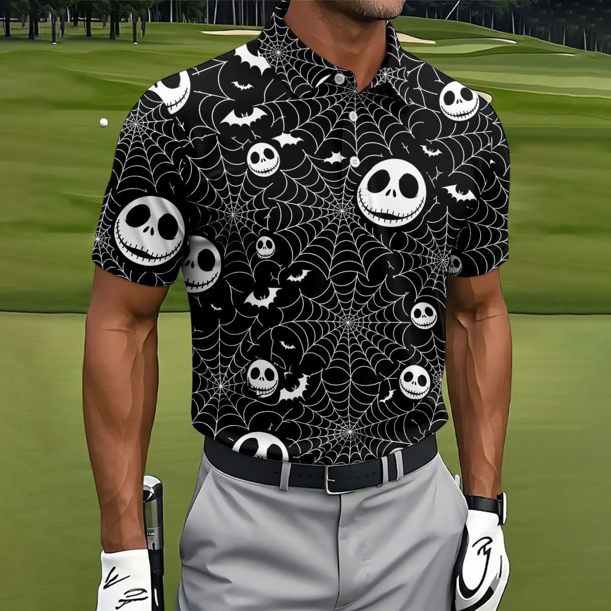 Black Horror Character Spider Web Pattern Golf Polo Shirt, Mens Golf Polo, Hawaiian Golf Shirt
