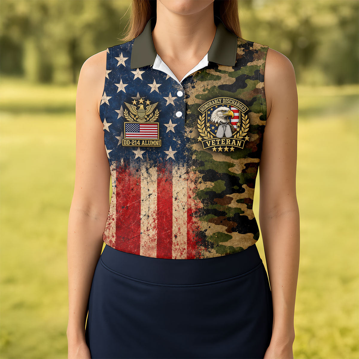 DD-214 Eagle Split USA Flag Camo Polo Shirt, Veterans Day Shirt, Golf Tops For Women