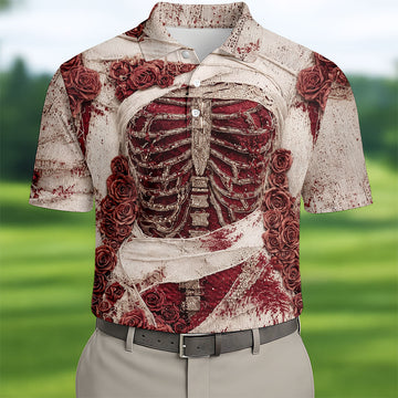Bloody Skeleton Rose Halloween Polo Shirt, Polo Shirts For Men, Mens Golf Apparel