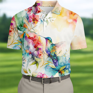 Watercolor Hummingbird Floral Polo Shirt, Men's Golf Shirt, Golf Apparel For Men