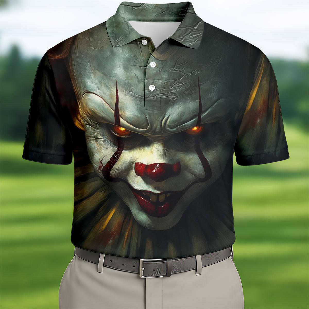 Scary Clown Face Halloween Polo Shirt, Golf Polo Shirts For Men, Mens Golf Apparel