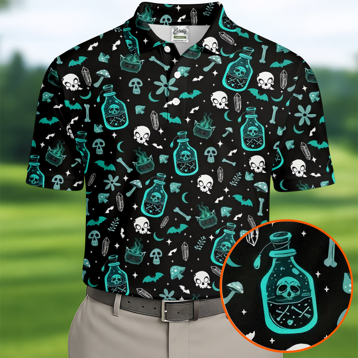 Skull Potion Halloween Pattern Polo Shirt, Printed Golf Shirts, Golf Apparel For Men