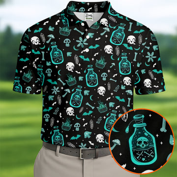 Skull Potion Halloween Pattern Polo Shirt, Printed Golf Shirts, Golf Apparel For Men