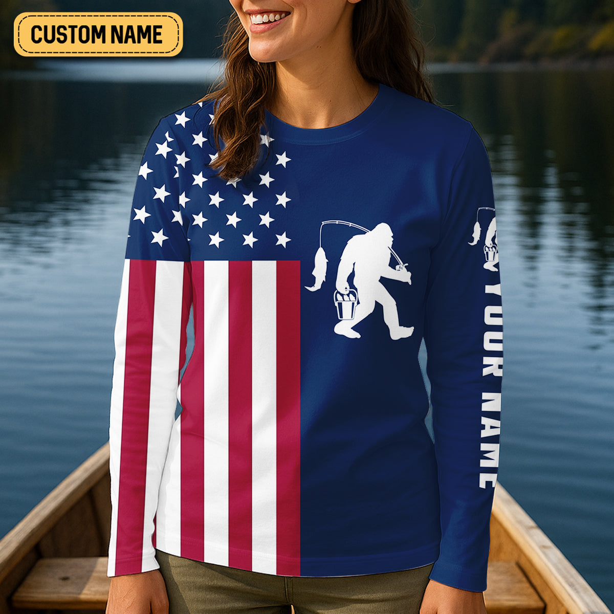 Bigfoot American Flag Patriotic Fishing Shirt, Women SPF Shirt, Fishing Shirt For Women, Female Fishing Shirts