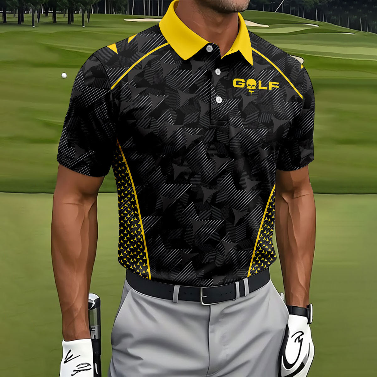 Abstract Triangle Black Yellow Golf Tops For Men, Father's Day Golf Gift, Polo Shirts For Men