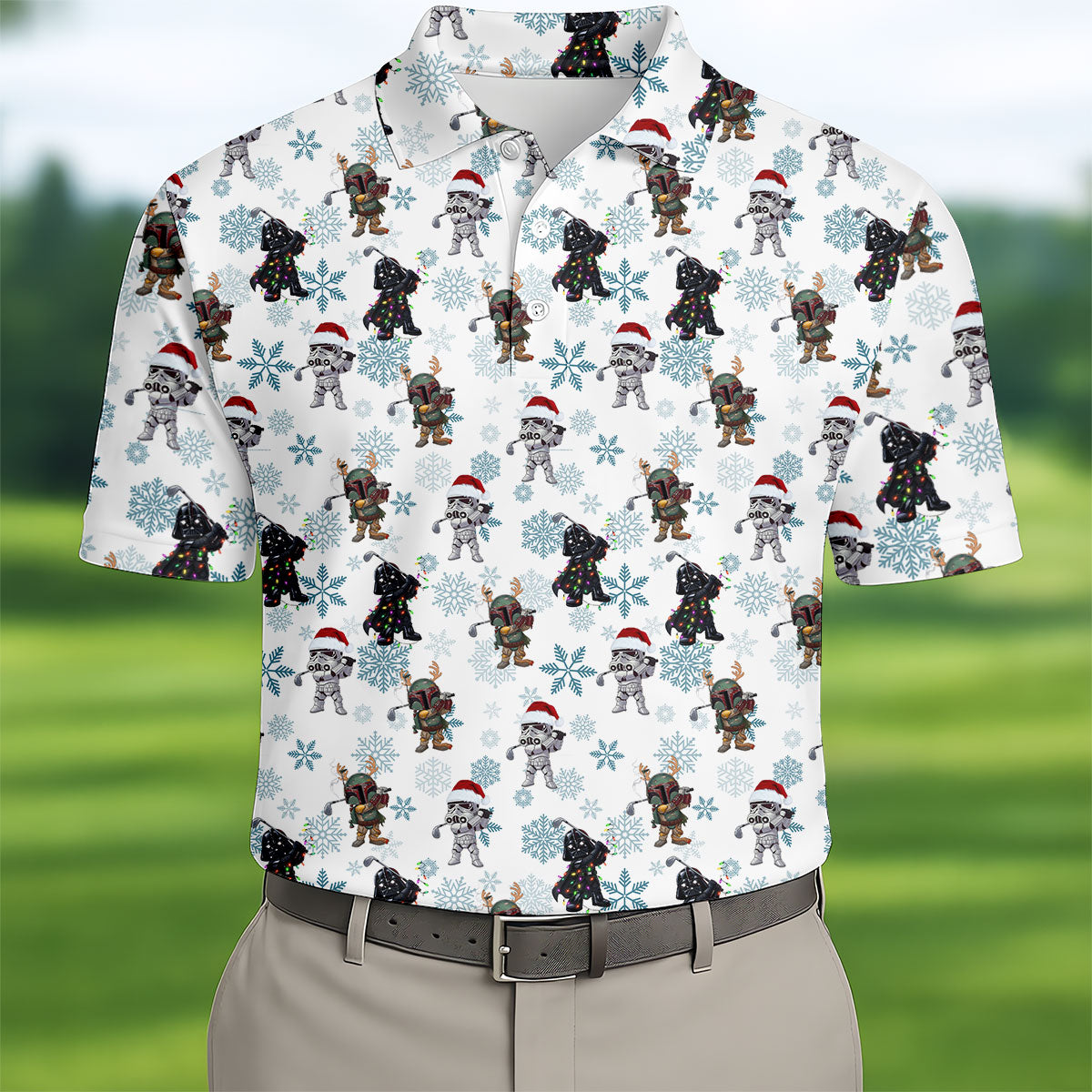Christmas Space Characters Pattern Polo Shirt, Mens Golf Shirts, Golf Polo Shirts For Men