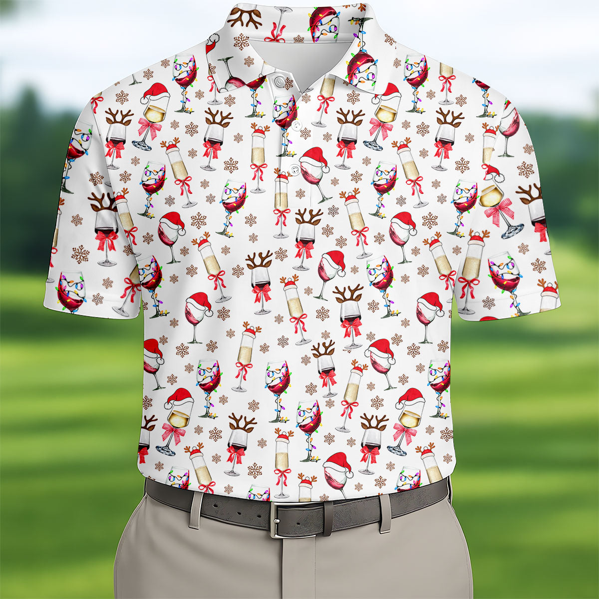 Festive Christmas Wine Glasses Golf Polo Shirt, Mens Golf Polo, Golf Apparel For Men