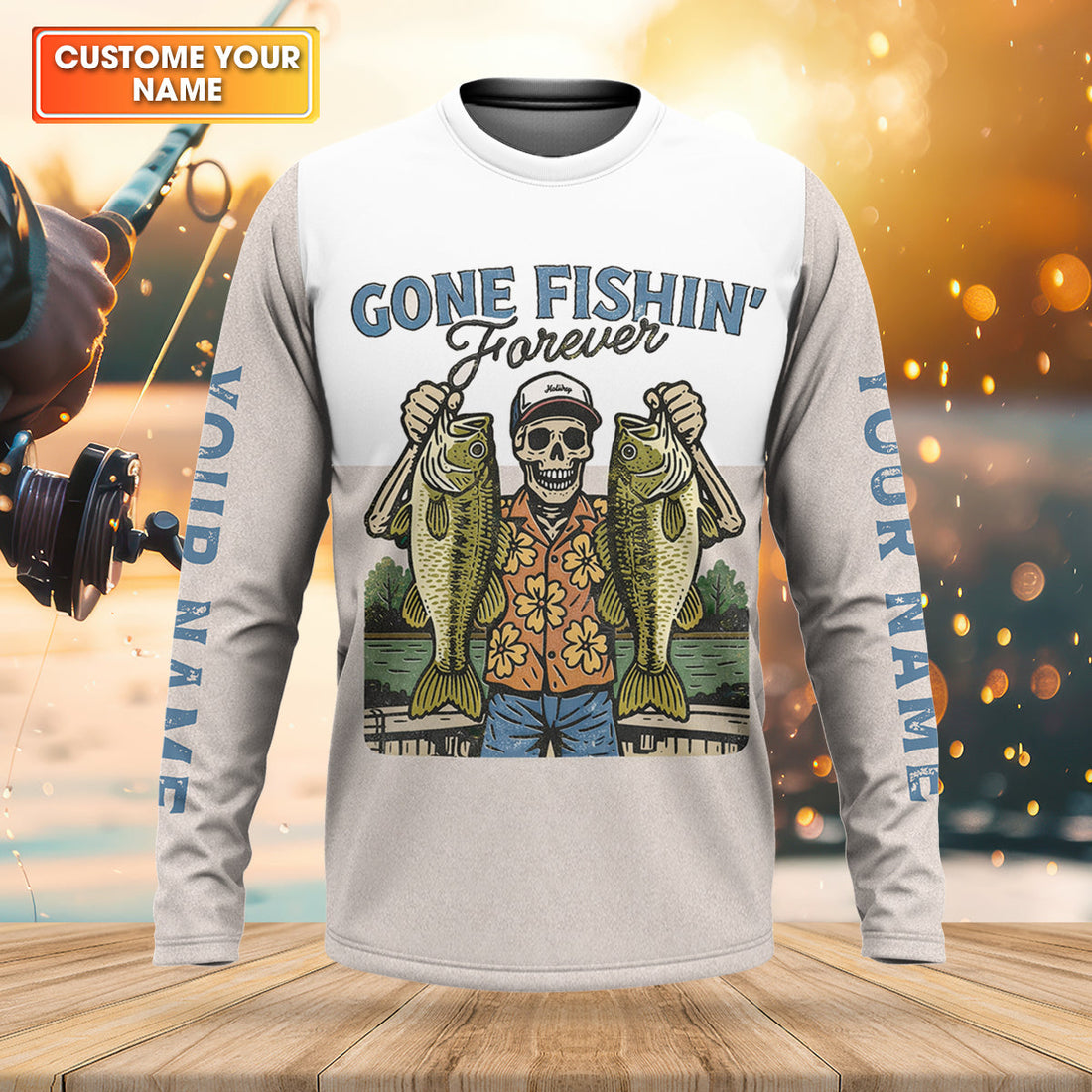 Gone Fishing Forever Funny Skeleton Largemouth Bass Fishing UPF Shirts, Fishing Shirts For Men