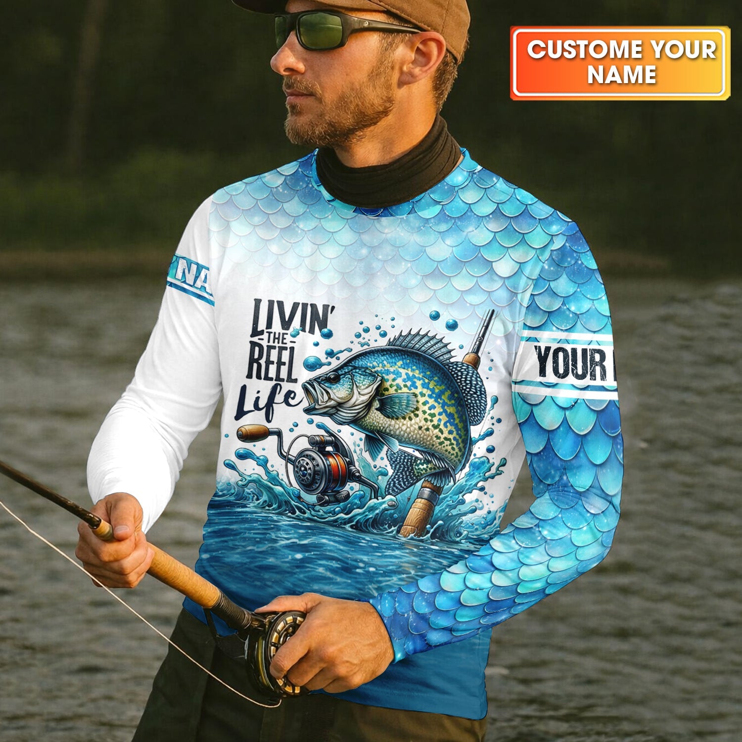 Living The Reel Life Fish Scale Pattern Funny Fishing Shirt, Fishing UPF Shirts, Fishing Shirts For Men