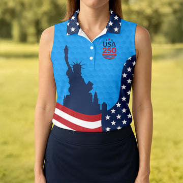 USA 250 Anniversary Statue Of Liberty Blue Golf Shirt, Patriotic Golf Shirt, 4th Of July Women's Golf Tops