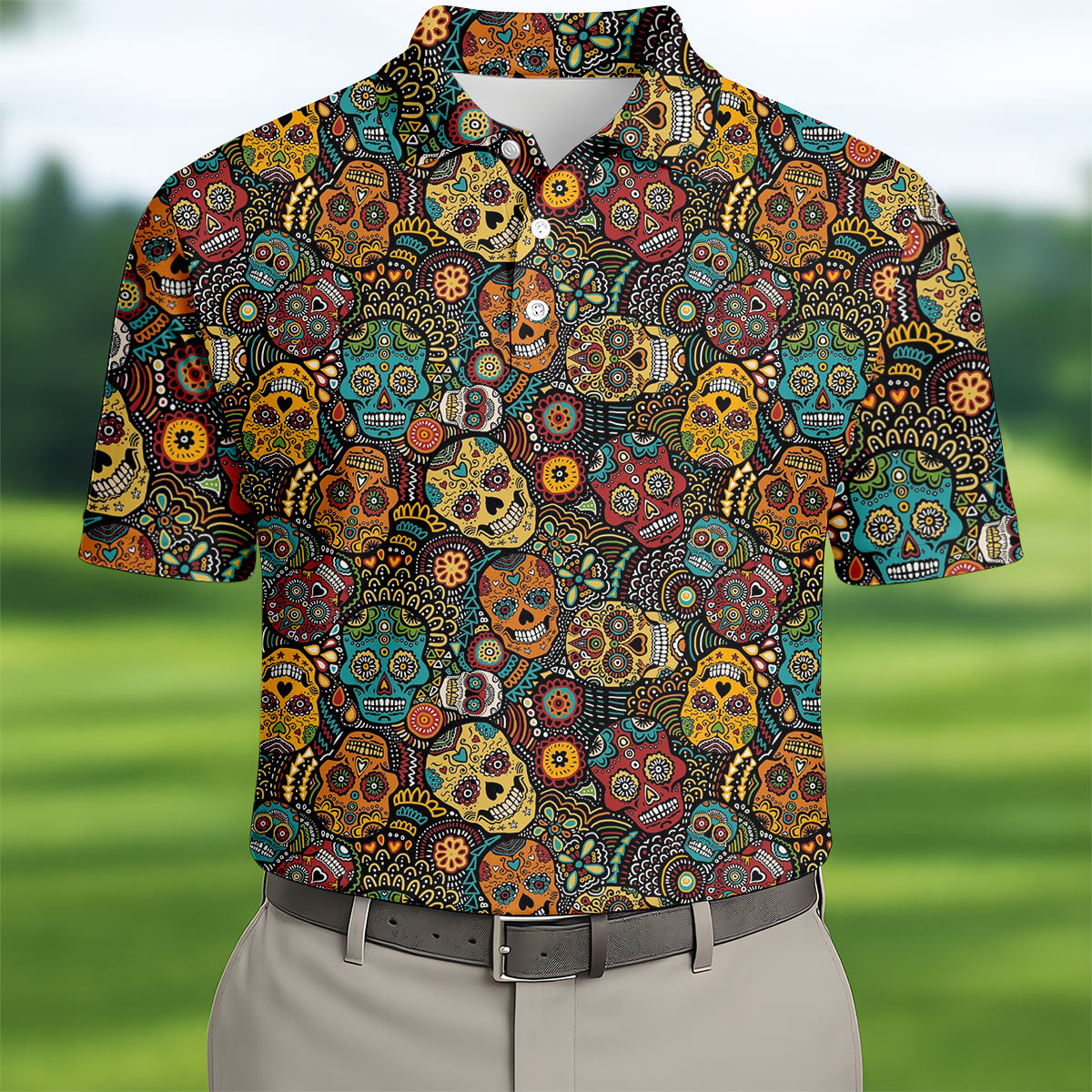 Colorful Sugar Skull Halloween Polo Shirt, Golf Shirts For Men, Golf Apparel For Men
