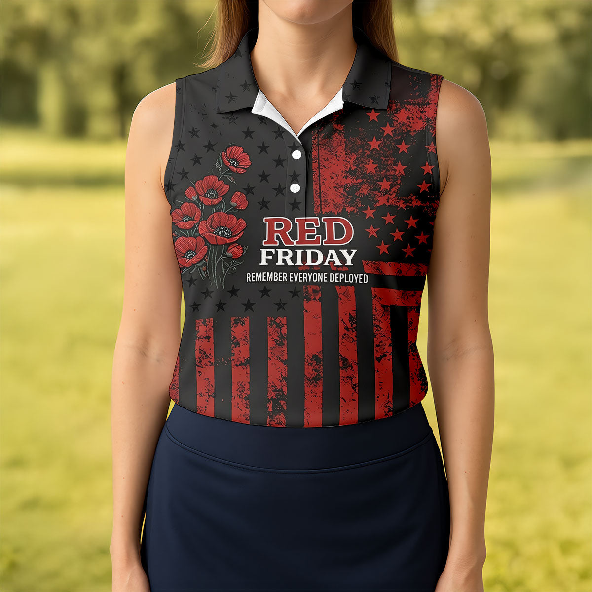Red Friday American Flag Poppy Golf Polo Shirt, Ladies Golf Shirt, Golf Tops For Women