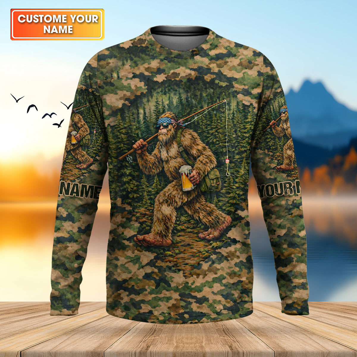 Bigfoot Fishing And Beer Earth Green Camo Fishing Shirt, Fishing UPF Shirts, Fishing Shirts For Men