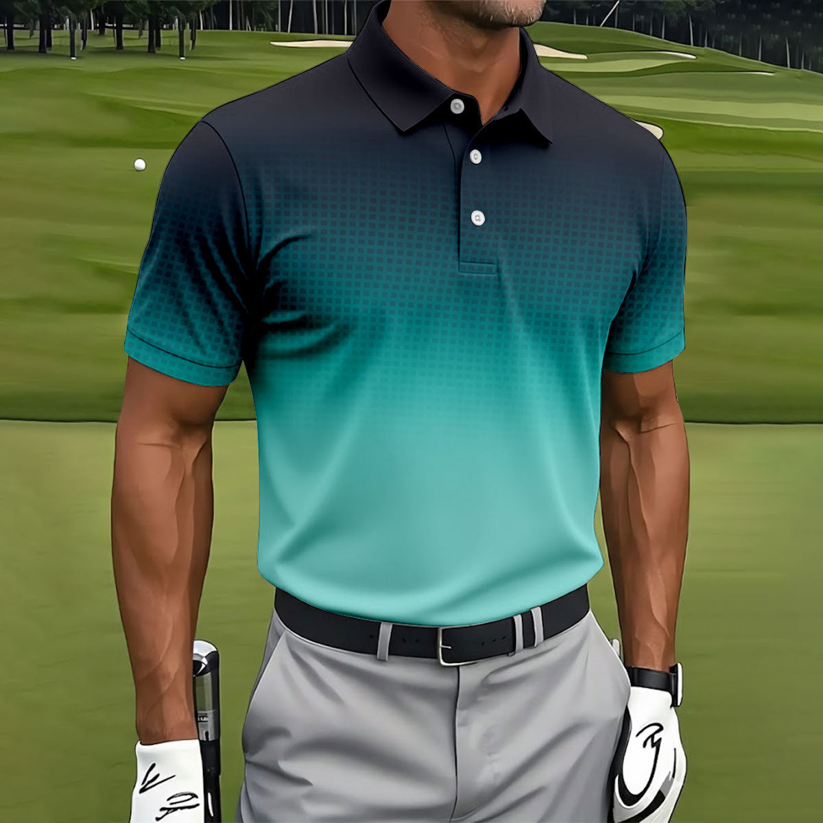 Turquoise Gradient Hawaiian Golf Shirt, Golf Tops For Men, Polo Shirts For Men
