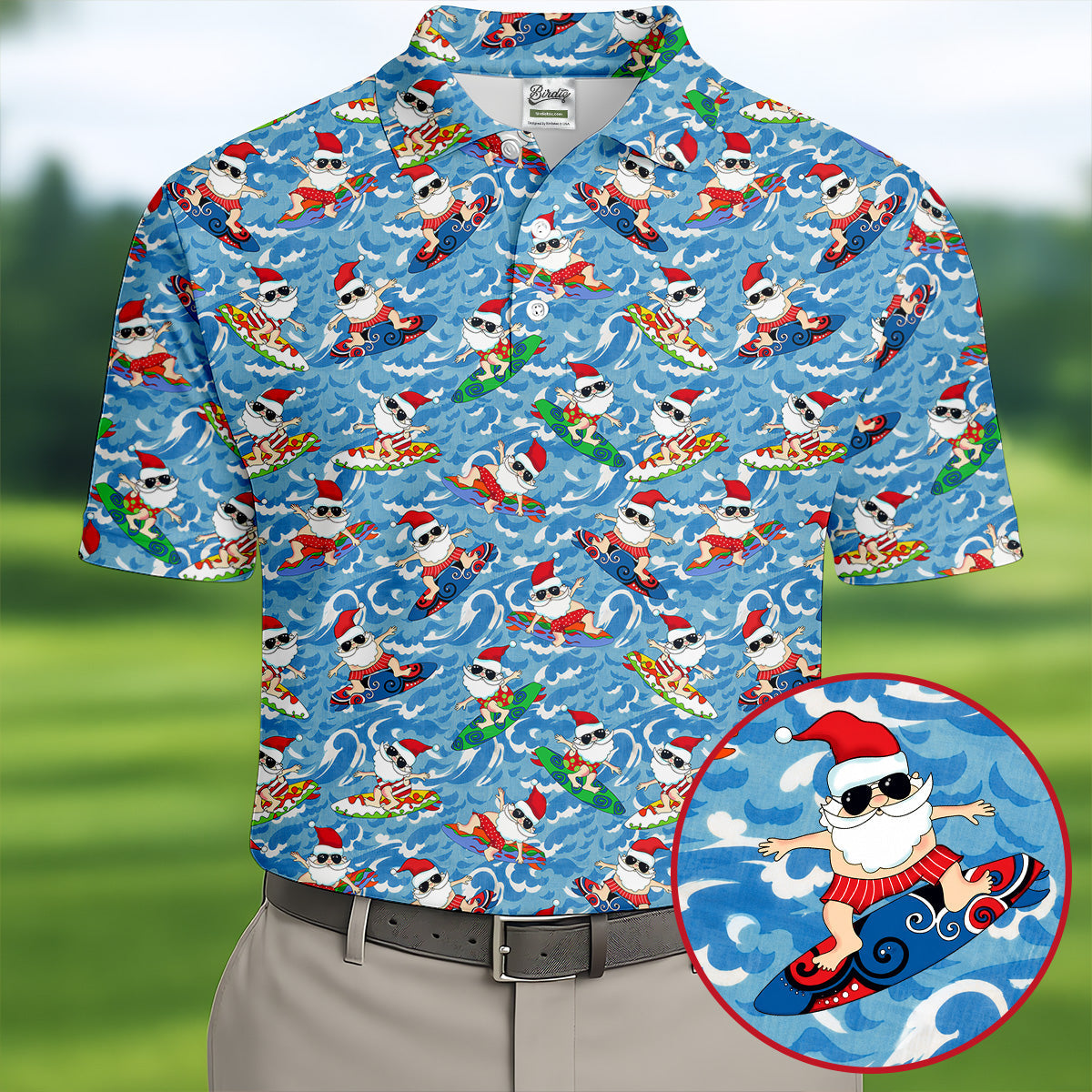 Surfing Santa Christmas Ocean Pattern Polo Shirt, Mens Golf Polo, Christmas Golf Shirt