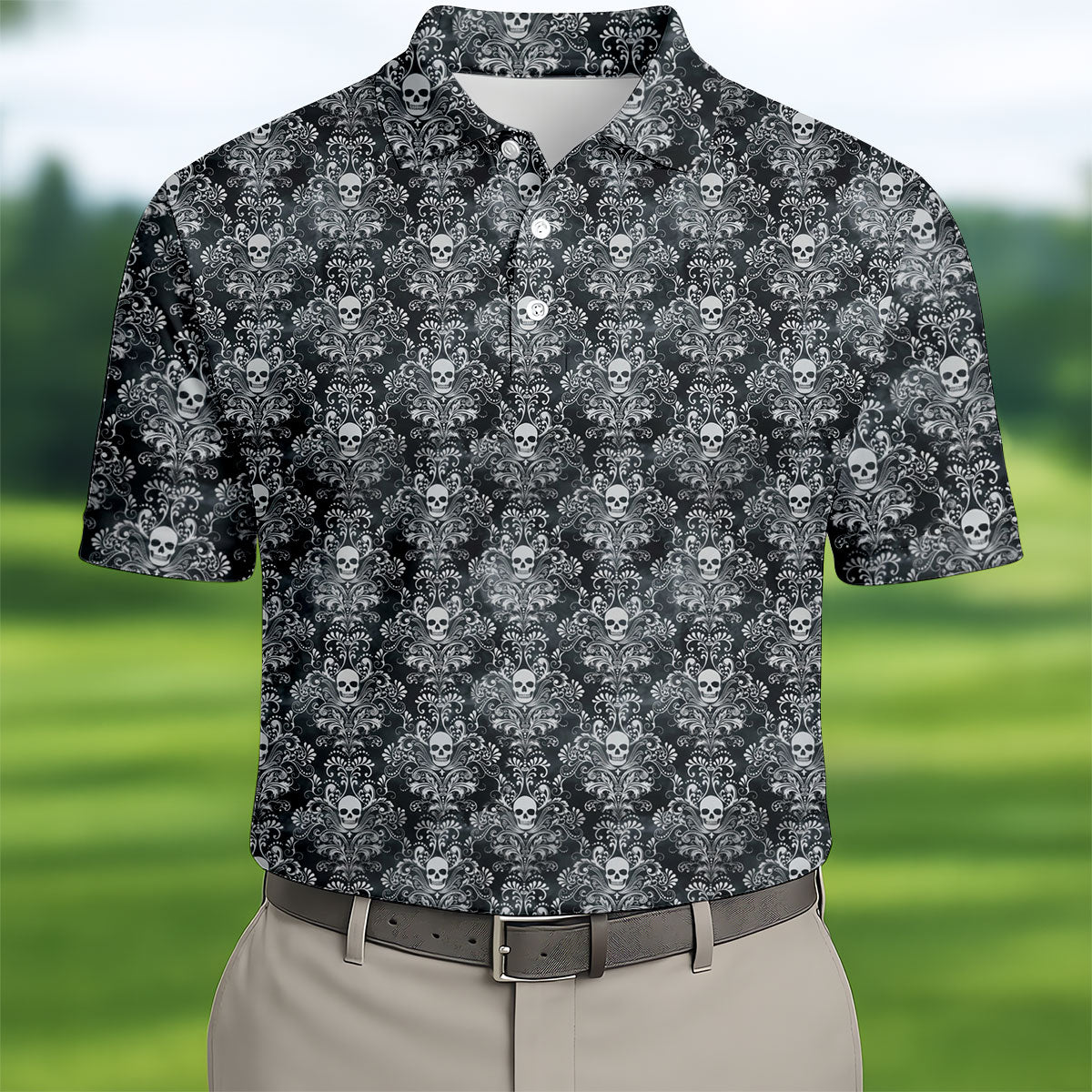 Skull Damask Charcoal Grey Gothic Floral Golf Tops For Men, Polo ShirtFor Men, Golf Shirts For Men