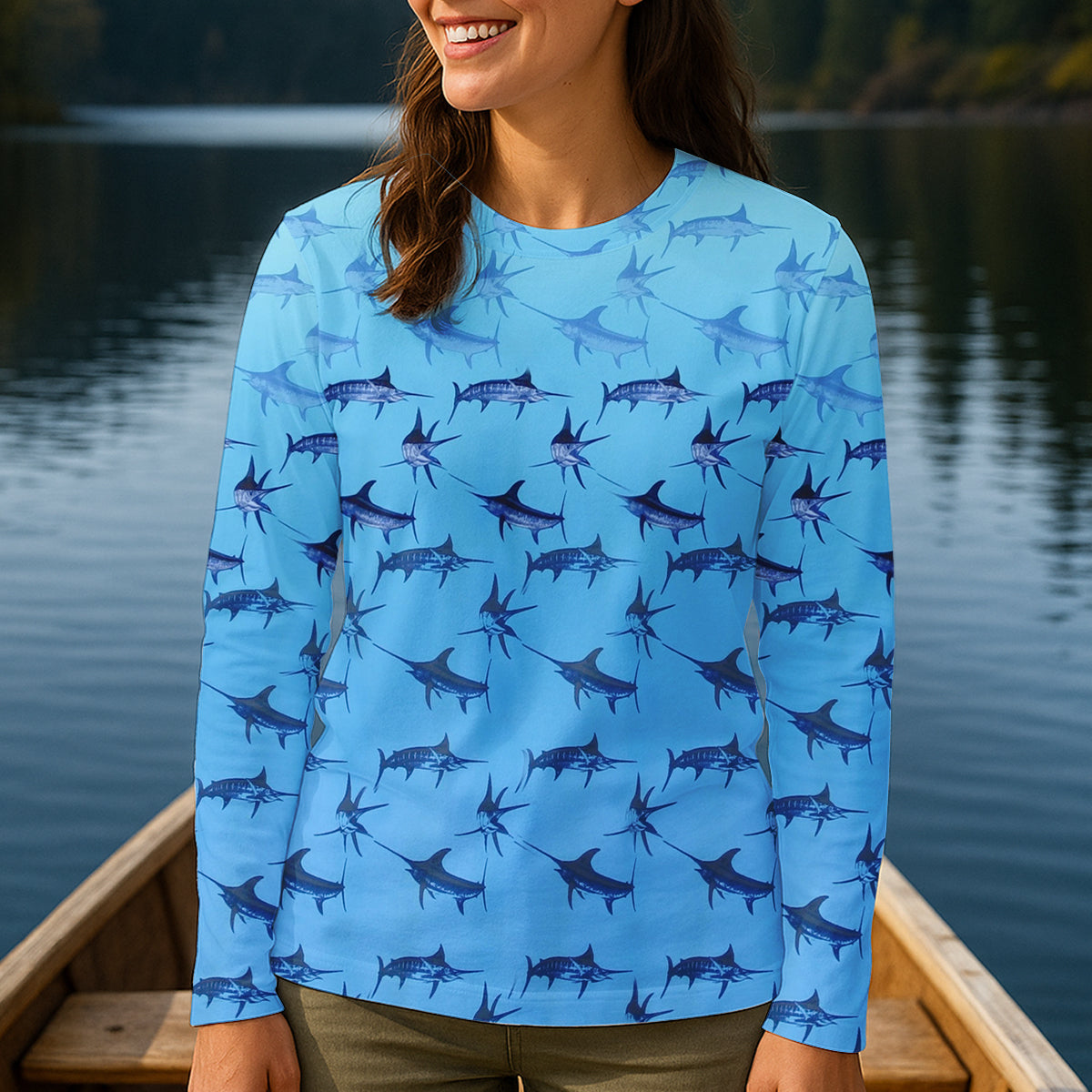 Swordfish Patter Blue Fishing Shirt, Cute Women's Fishing Outfits, Female Fishing Shirts, SPF Shirt
