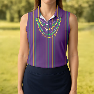 Mardi Gras Beads Necklaces Print Purple Golf Shirt, Women's Golf Shirts, Ladies Golf Polos, Golf Shirt For Women