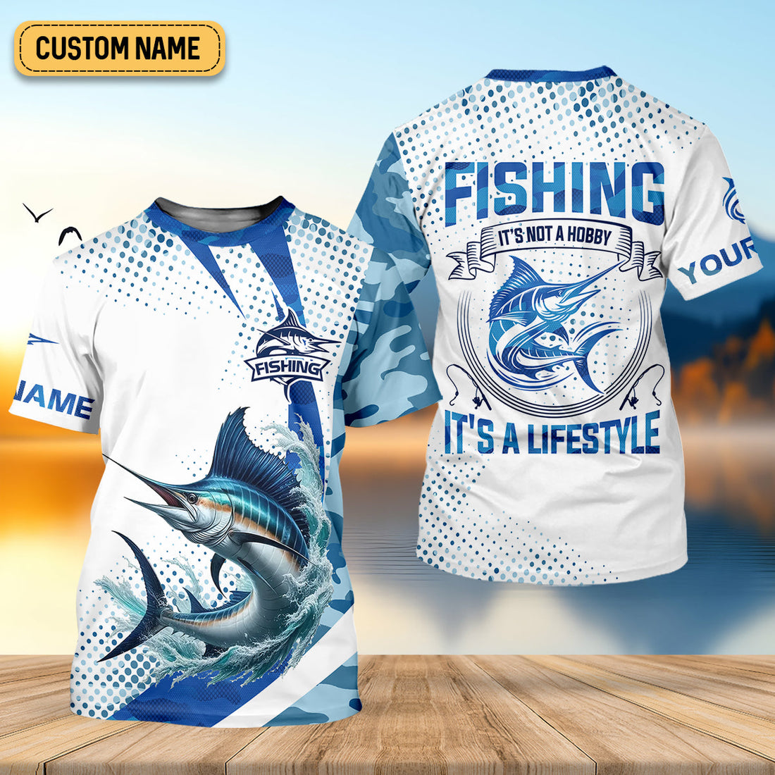 Fishing It's Not A Hobby It's A Lifestyle Blue Camo Fishing UPF Shirts, Blue Marlin Fishing Shirts For Men
