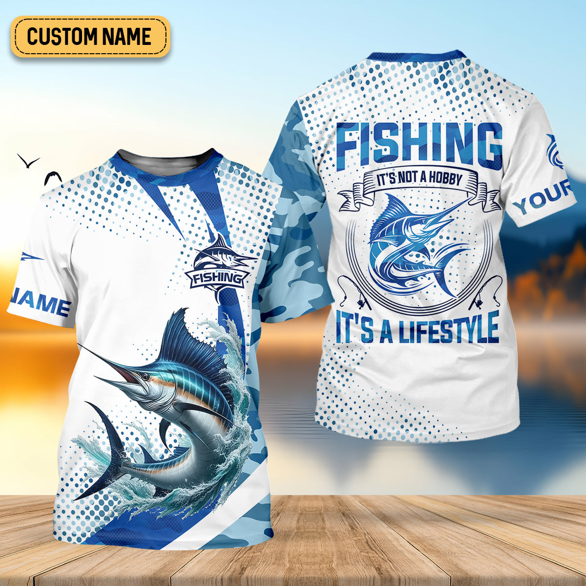 Fishing It's Not A Hobby It's A Lifestyle Blue Camo Fishing UPF Shirts, Blue Marlin Fishing Shirts For Men