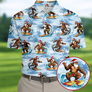 Funny Surfing Santa Bigfoot Christmas Polo Shirt, Mens Golf Polo, Hawaiian Golf Shirt