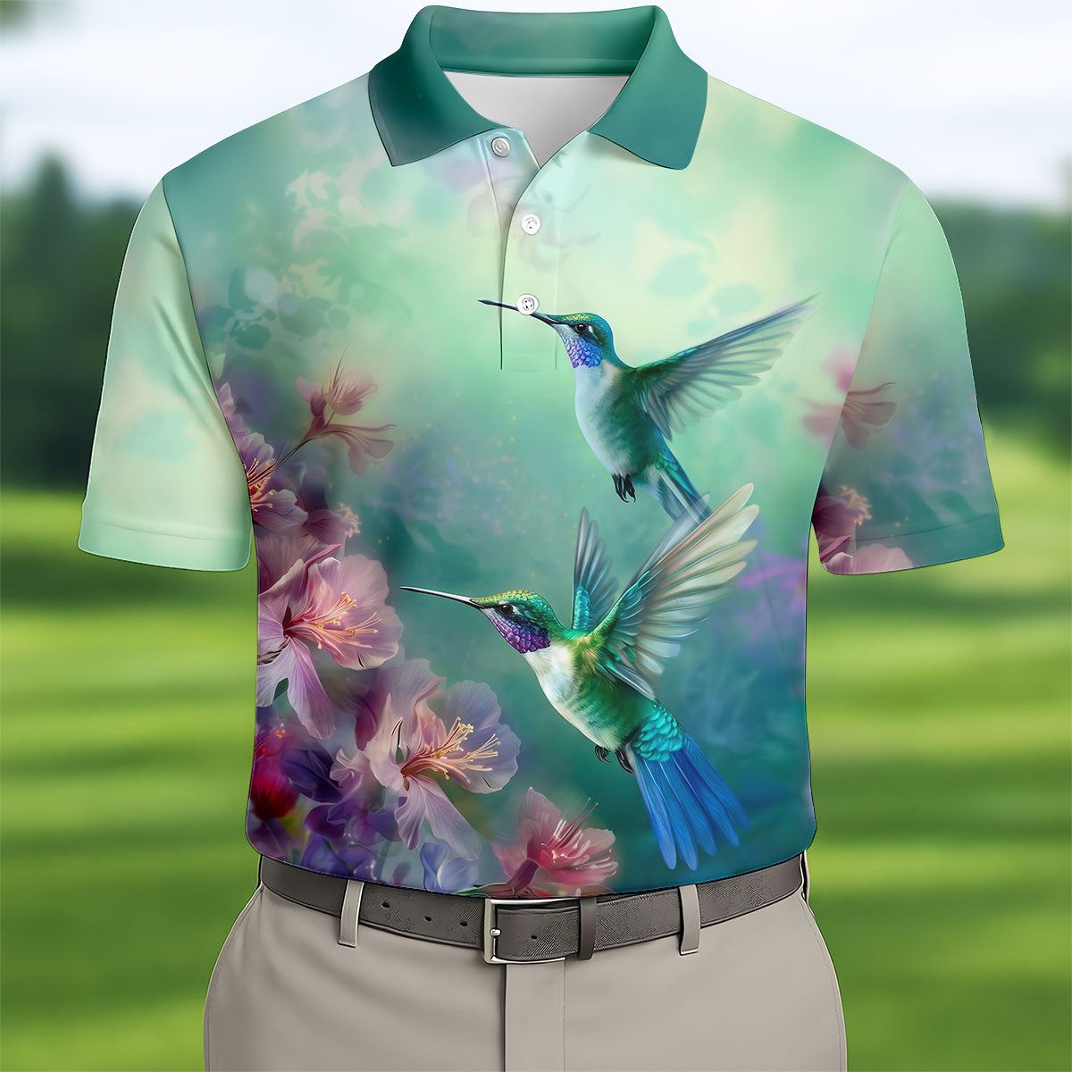 Hummingbird And Floral Garden Polo Shirt, Mens Golf Shirts, Golf Polo Shirts For Men