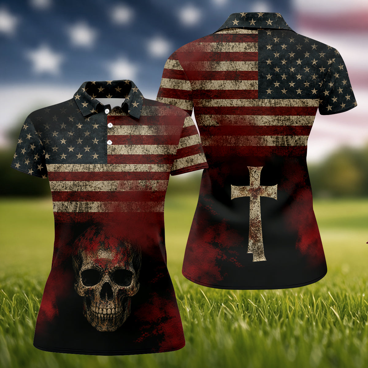 Cool Skull Faith Cross Distressed US Flag 4th Of July Golf Shirt, 250 Years Golf Shirt For Women