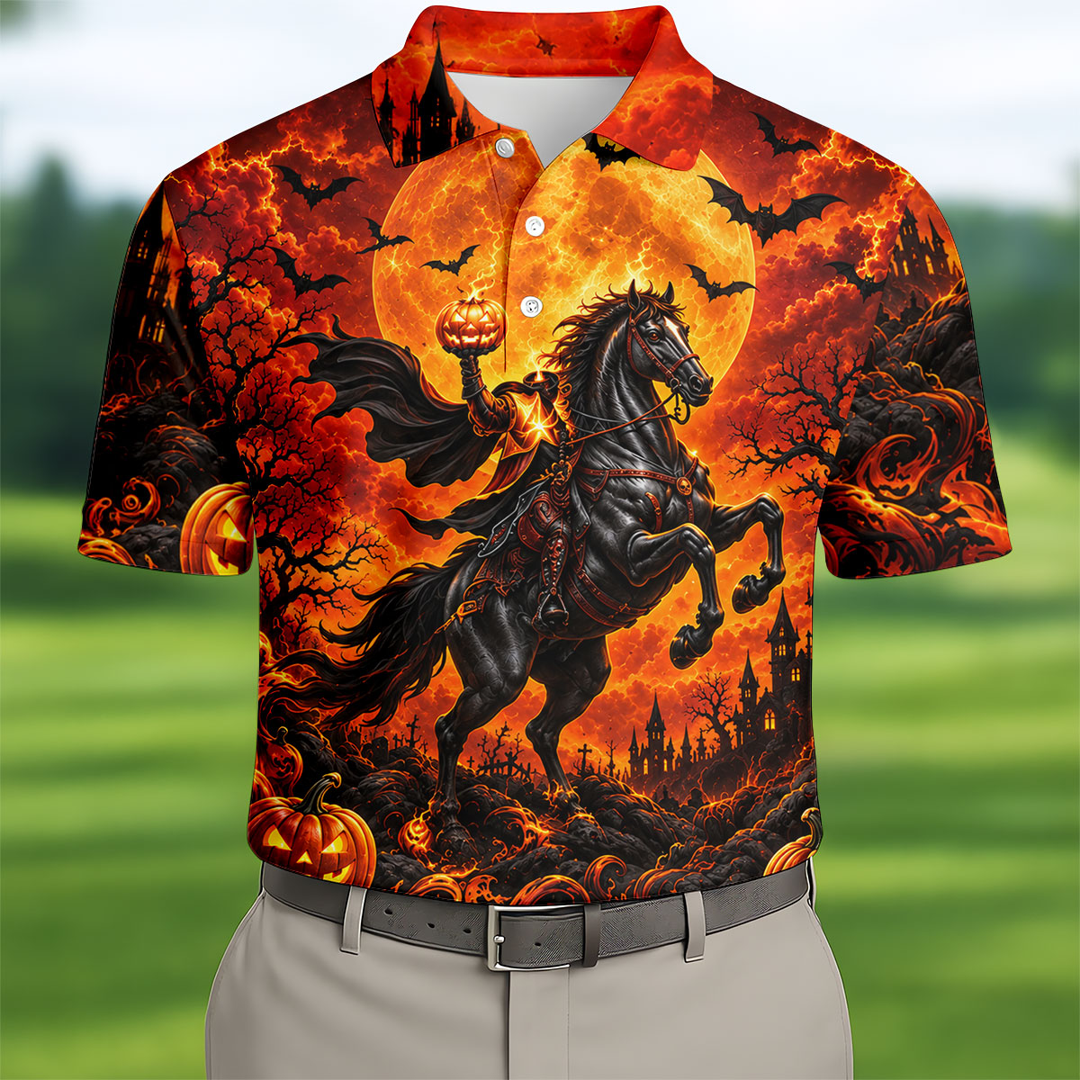 Fire Moon Rider Halloween Horror Character Polo Shirt, Golf Polo, Golf Shirts For Men