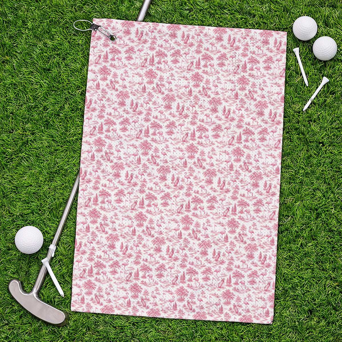 Toile De Jouy Flamingo Golf Towel, Crazy Pink Golf Towels, Golf Gift For Golfer