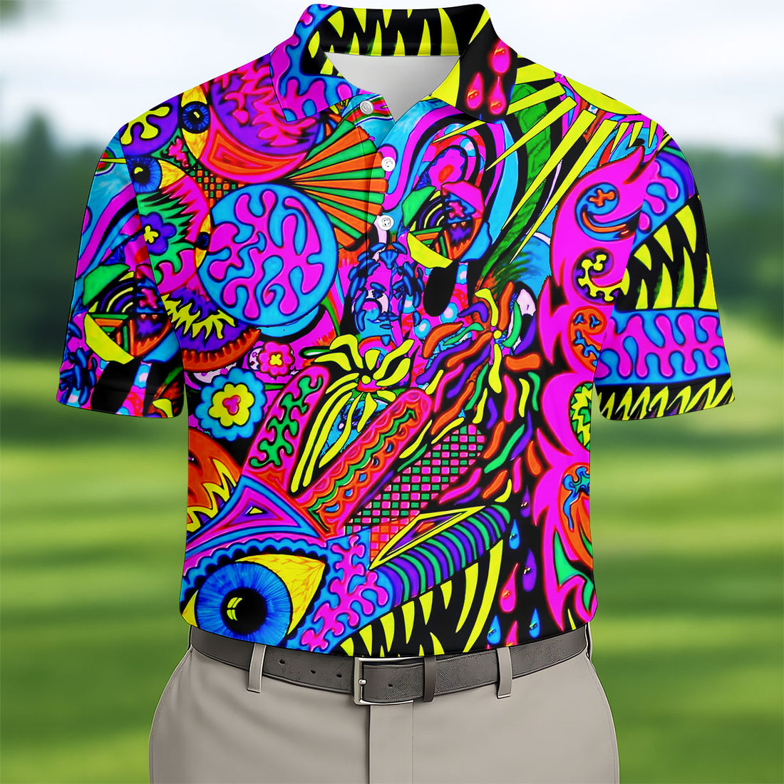 Neon Psychedelic Abstract Eye Pattern Golf Shirt, Mens Golf Polo, Printed Golf Shirts, Golf Polo Shirts For Men