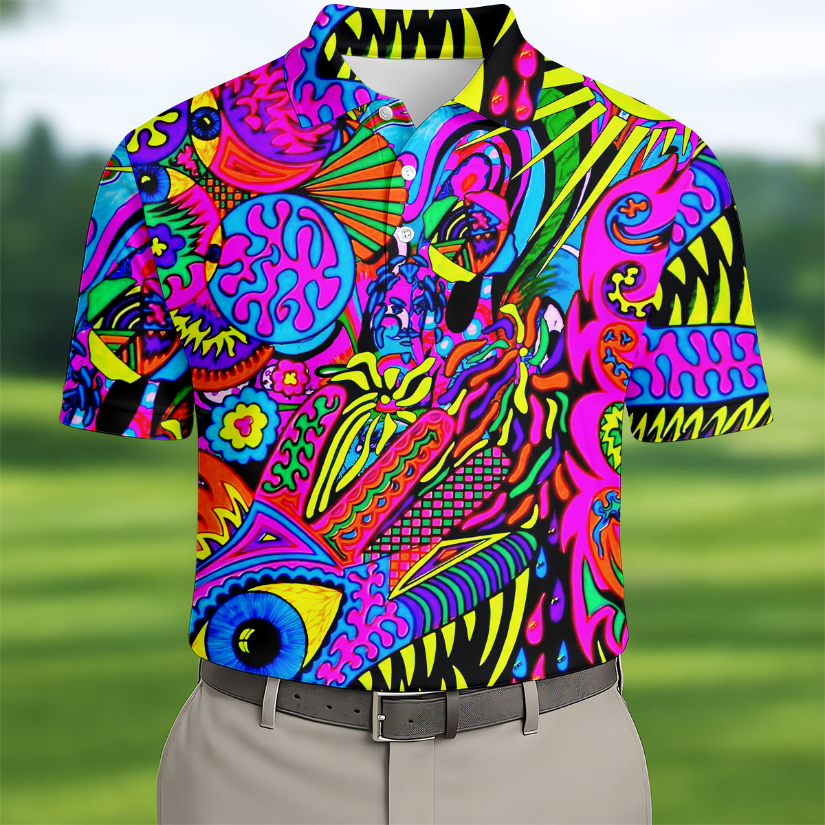 Neon Psychedelic Abstract Eye Pattern Golf Shirt, Mens Golf Polo, Printed Golf Shirts, Golf Polo Shirts For Men