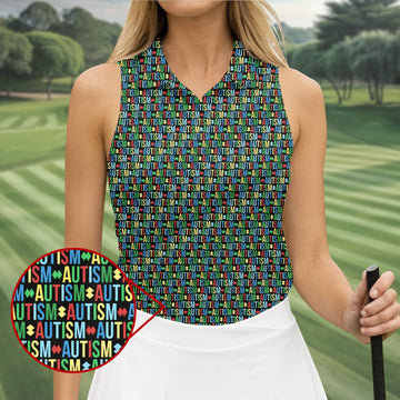 Autism Awareness Colorful Letters Seamless Pattern Ladies Golf Shirts, Golf Shirt For Women