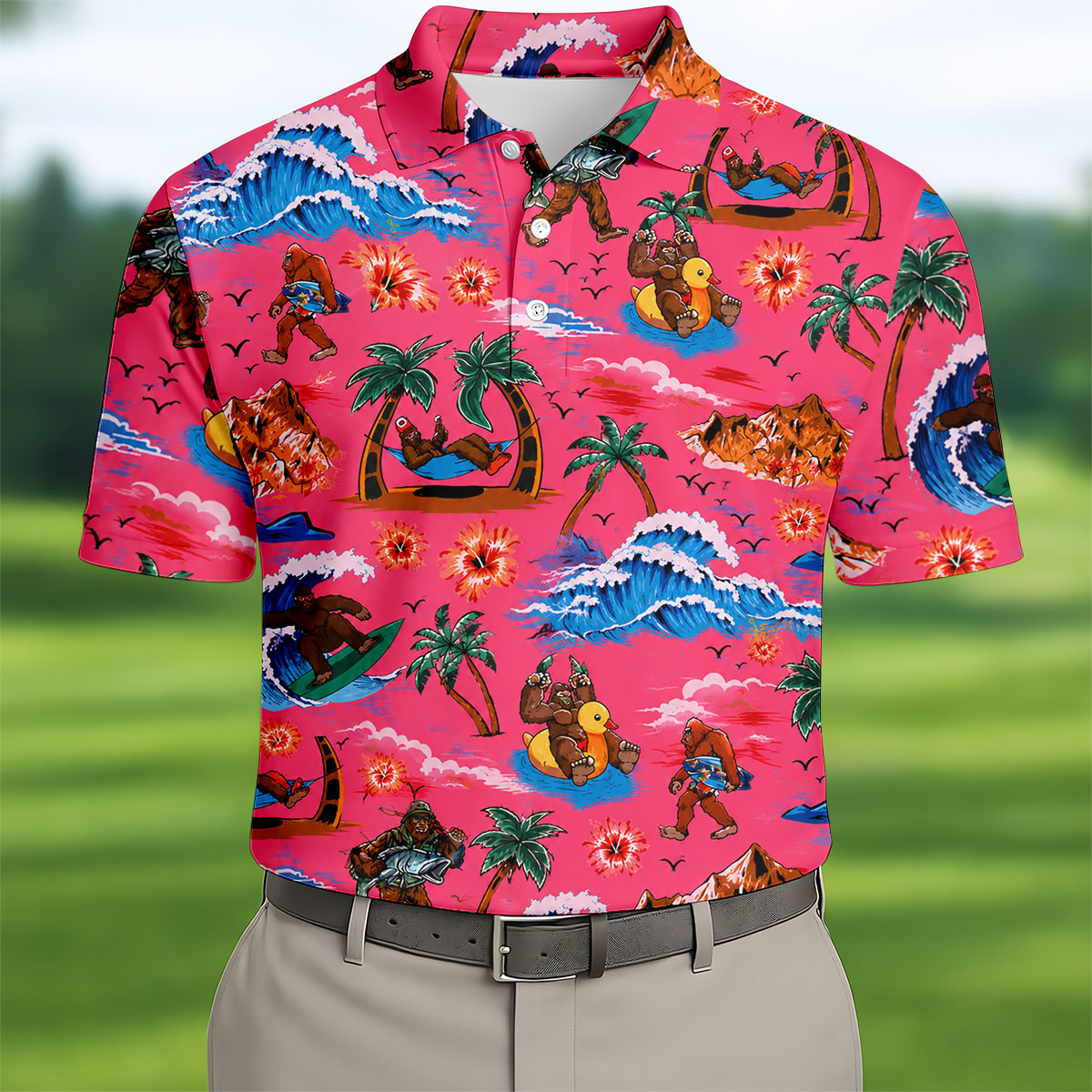 Pink Bigfoot Aloha Beach Vacation Golf Shirt, Mens Golf Polo, Printed Golf Shirts