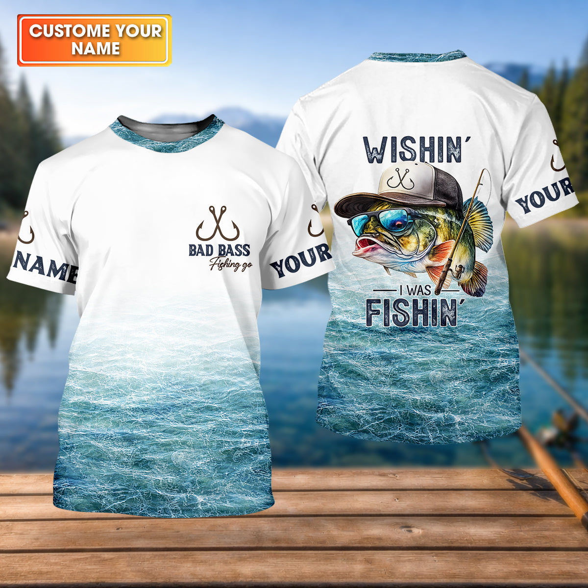 Wishin’ I Was Fishin’ Shirt, Personalized Bad Bass Fishing Shirt For Men, Fishing UPF Shirts