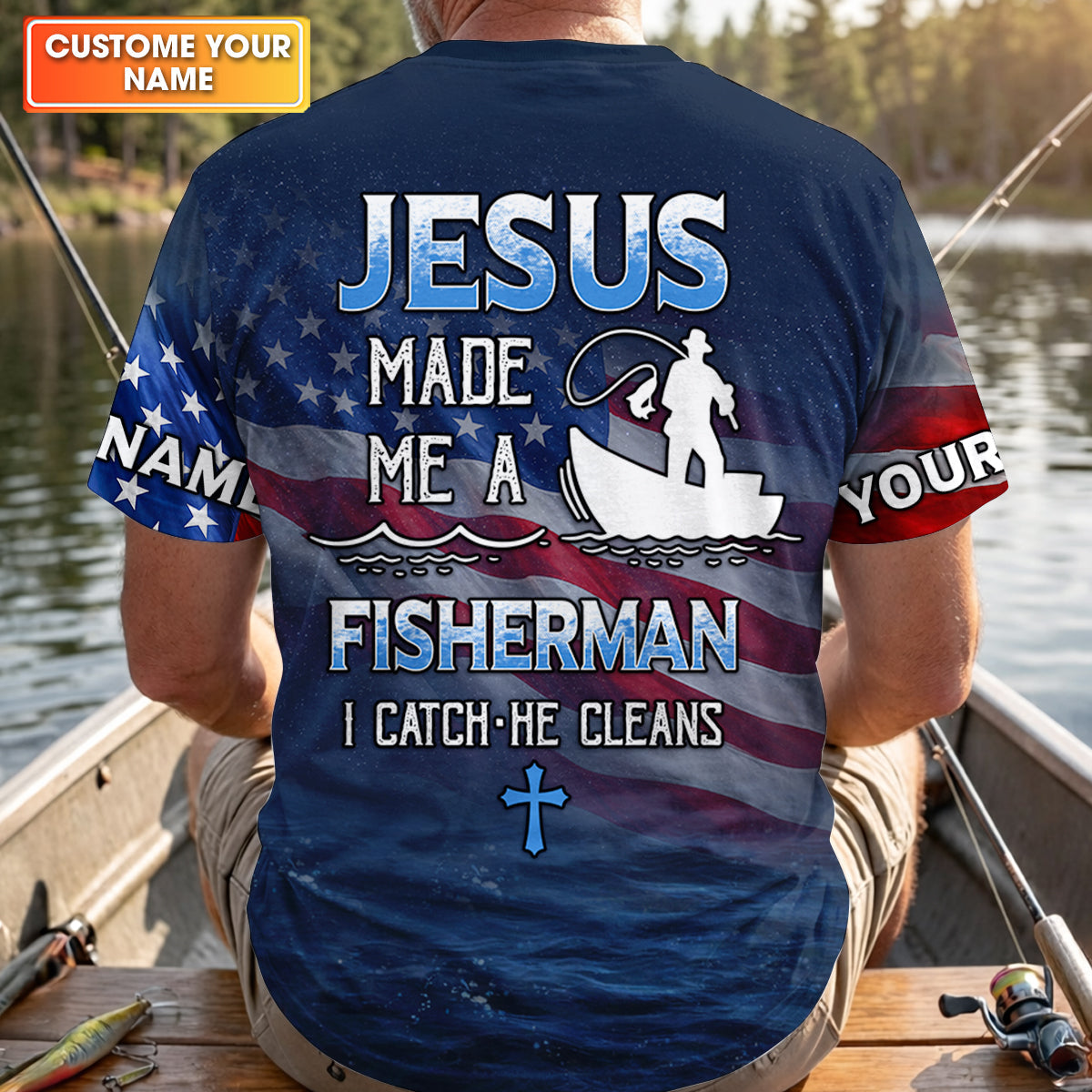 Jesus Made Me A Fisherman Shirt, Patriotic Christian Bass Fishing Shirt For Men, Fishing UPF Shirts