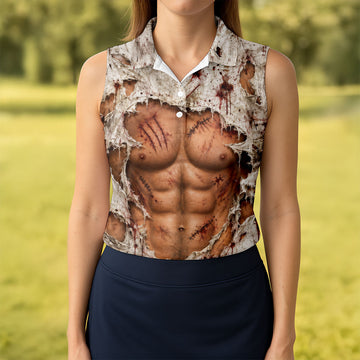 Torn Shirt Muscle Chest Illusion Halloween Polo Shirt, Ladies Golf Shirt, Womens Golf Tops