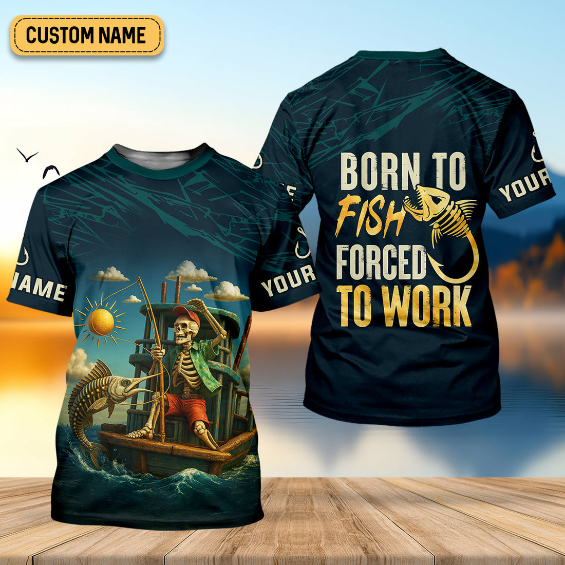 Born To Fish Forced To Work Funny Skeleton Fishing UPF Shirts, Presents For Fishermen, Men's Fishing Shirt