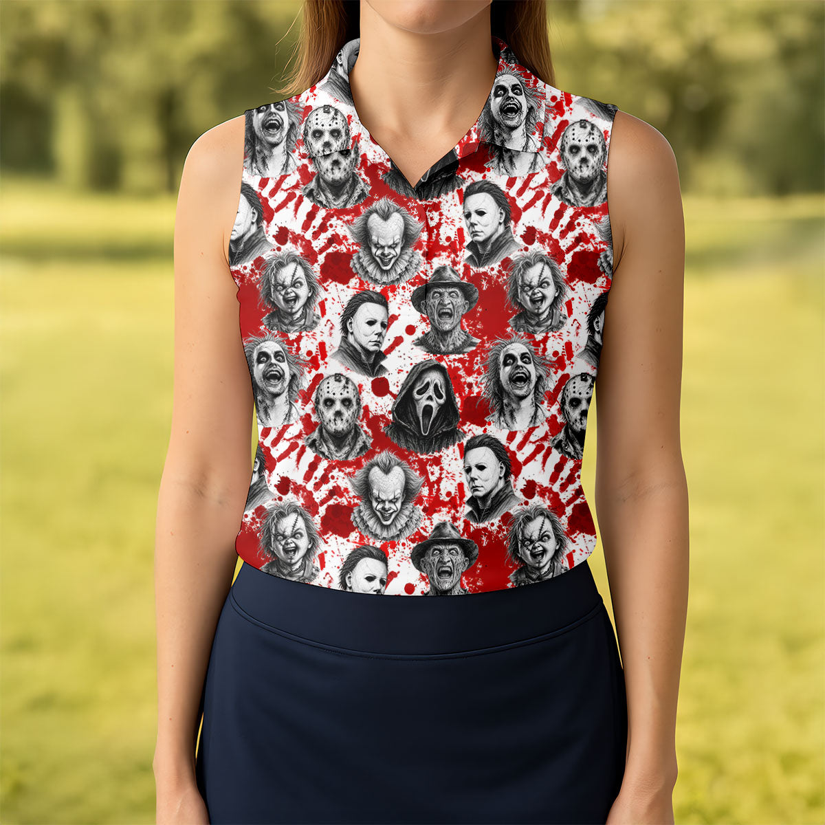 Halloween Horror Character Blood Splatter Polo Shirt, Womens Golf Tops, Women’s Golf Polo
