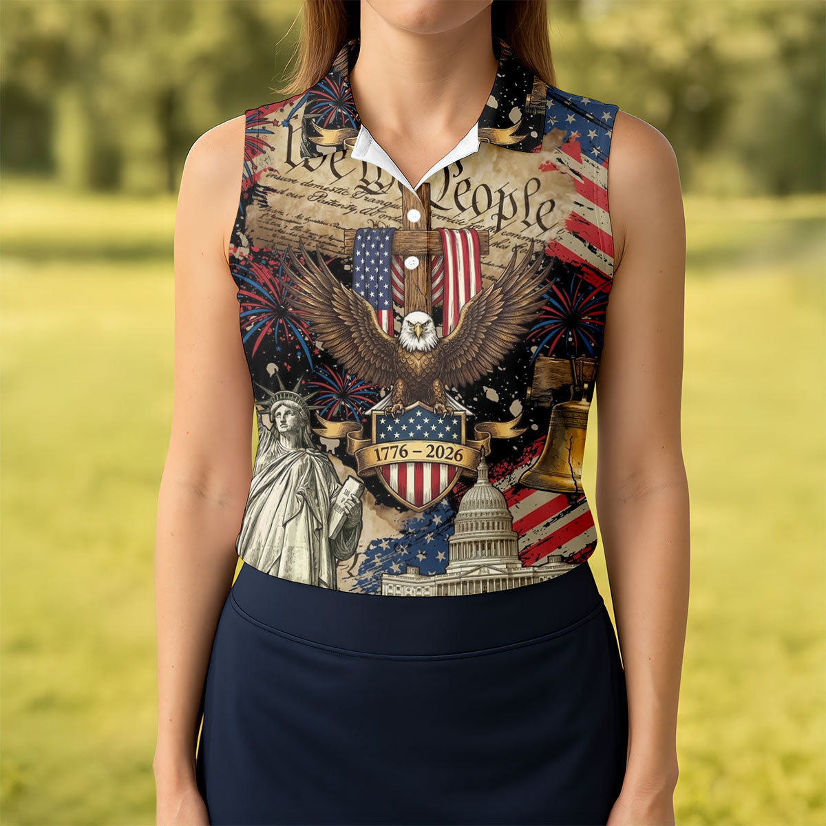 Patriotic Eagle Statue Of Liberty We The People 250 Years Ladies Golf Tops, 4th Of July Golf Shirt For Women