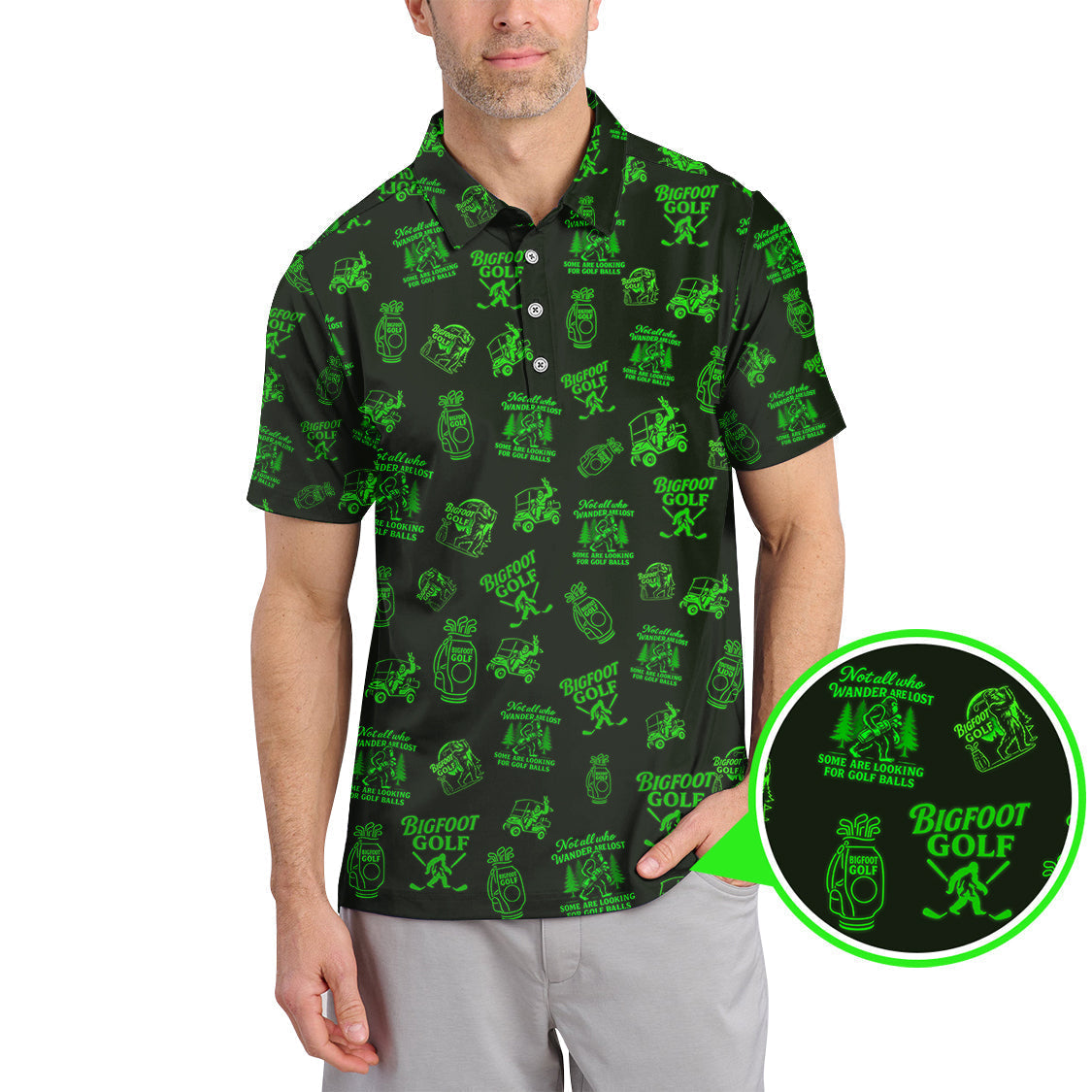 Bigfoot Golf Pattern Polos, Funny Golf Shirts, Golf Gift For Men, Crazy Golf Shirt For Golfers