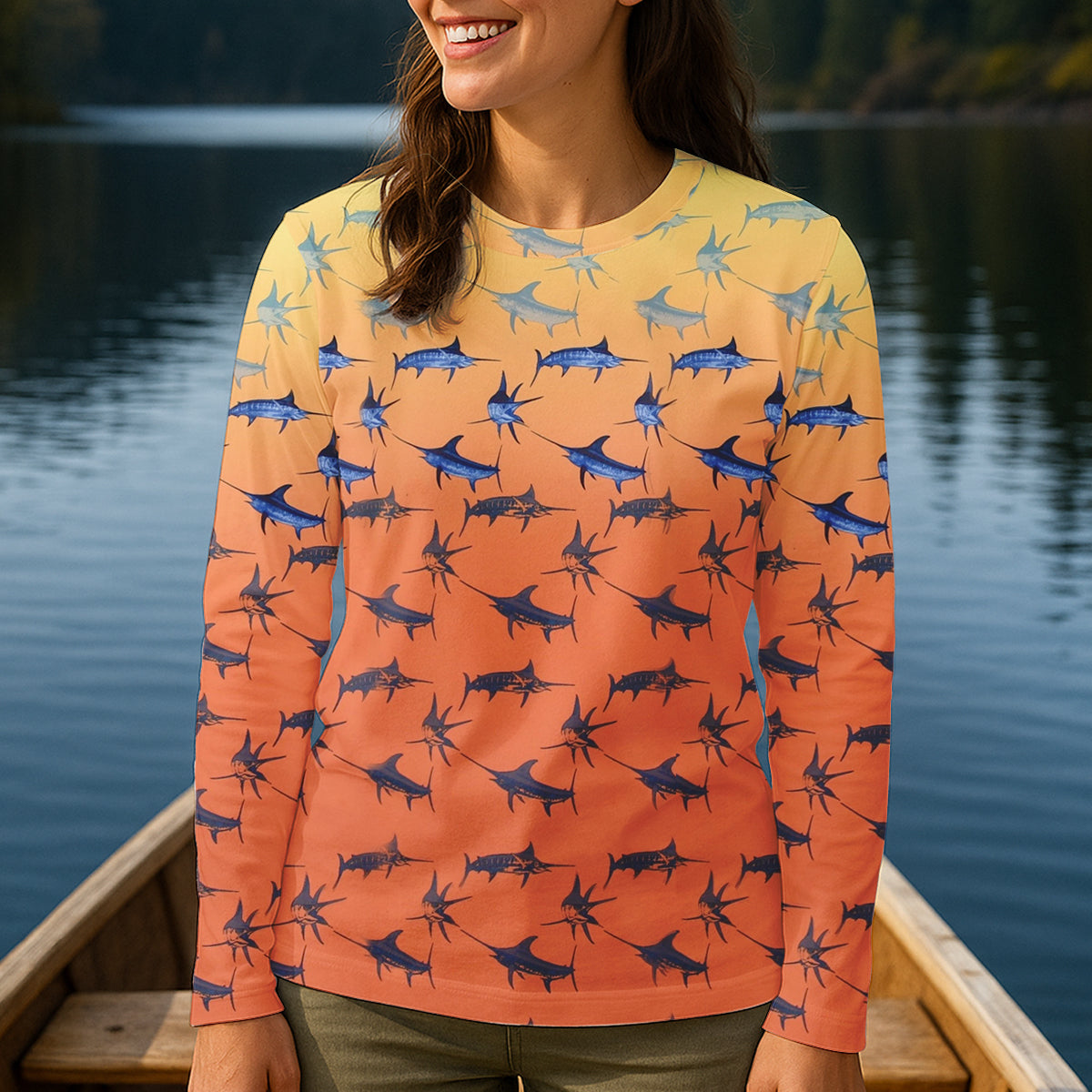 Swordfish Patter Orange Fishing Shirt, Cute Women's Fishing Outfits, Female Fishing Shirts, SPF Shirt