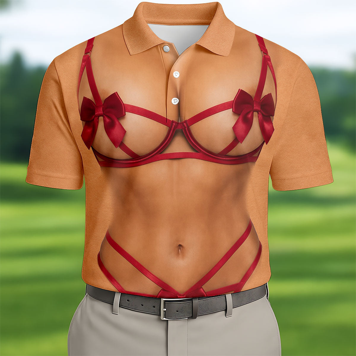 Funny Red Ribbon Lingerie Costume Polo Shirt, Men's Golf Shirt, Golf Apparel For Men