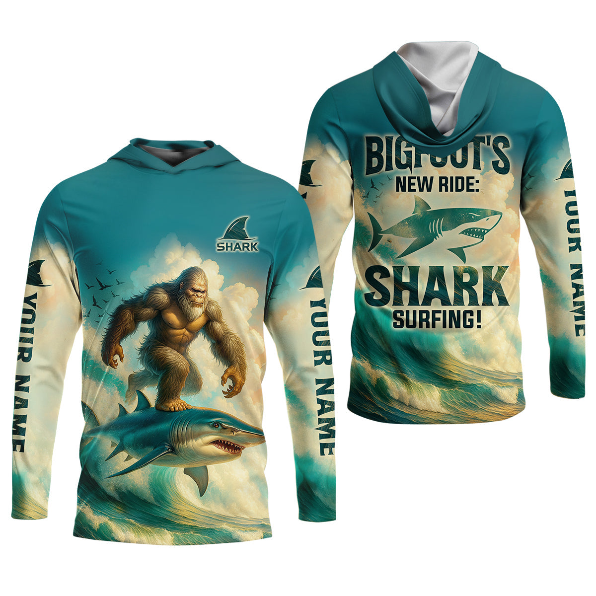 Bigfoot's New Ride Shark Surfing Fishing UPF Shirts, Funny Fishing Shirt, Presents For Fishermen