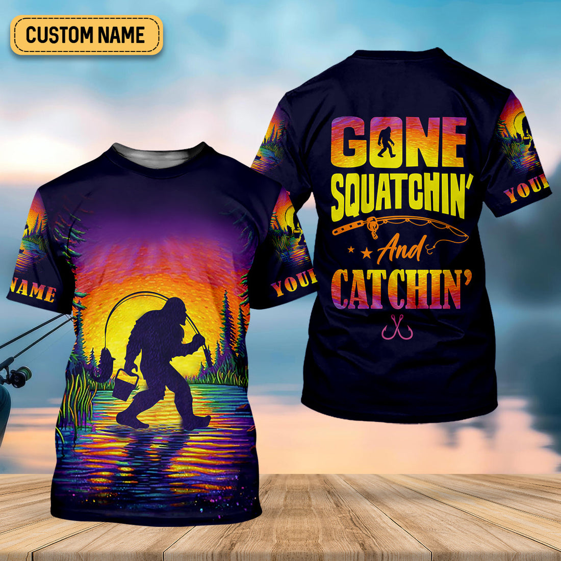 Gone Squatchin And Catching Sunset Fishing UPF Shirts, Funny Fishing Shirt, Sasquatch Fishing Shirts For Men