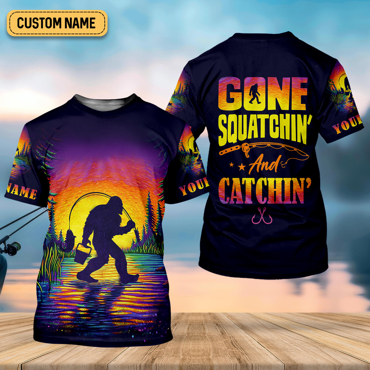 Gone Squatchin And Catching Sunset Fishing UPF Shirts, Funny Fishing Shirt, Sasquatch Fishing Shirts For Men