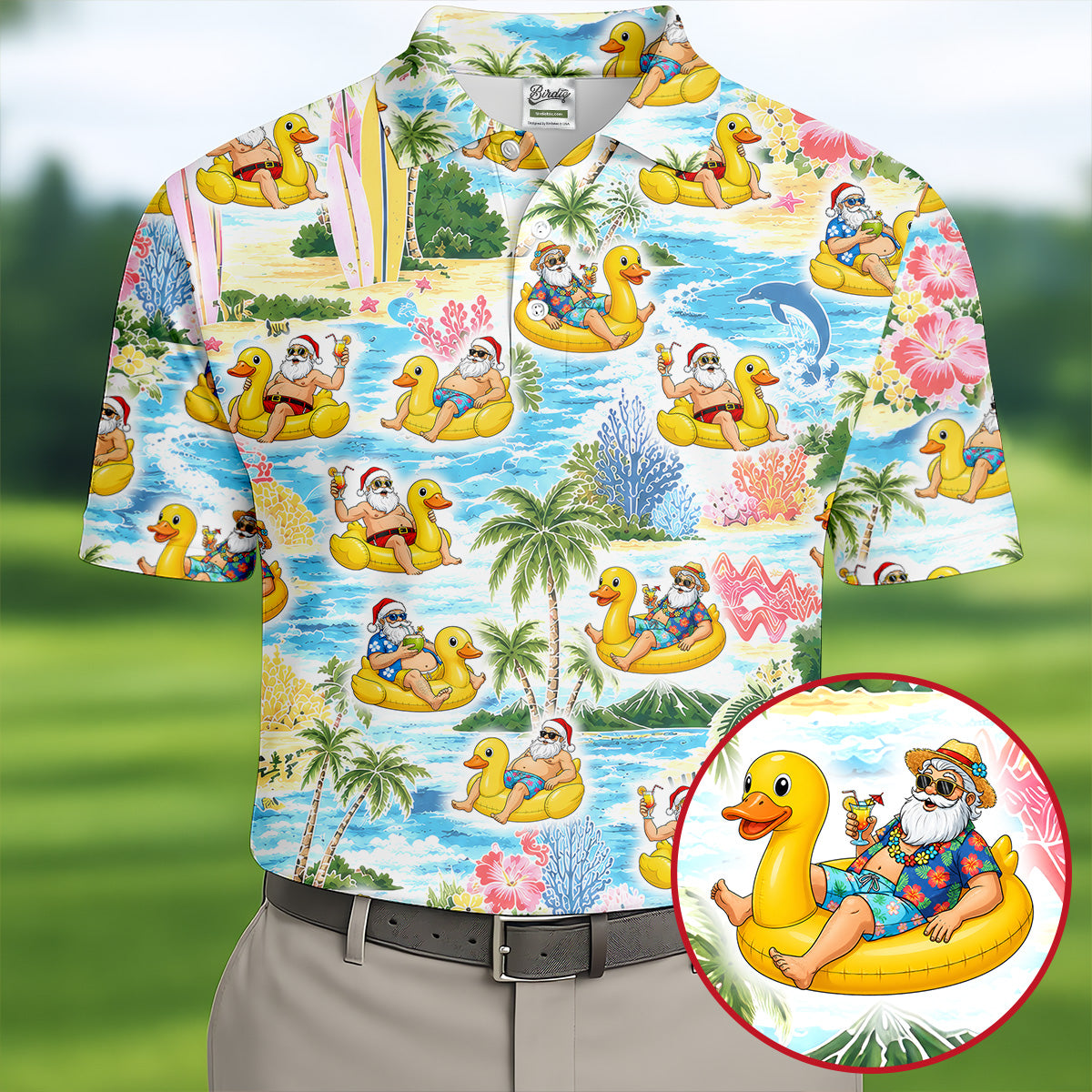 Funny Santa Duck Float Tropical Christmas Polo Shirt, Mens Golf Polo, Hawaiian Golf Shirt