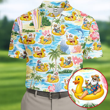 Funny Santa Duck Float Tropical Christmas Polo Shirt, Mens Golf Polo, Hawaiian Golf Shirt