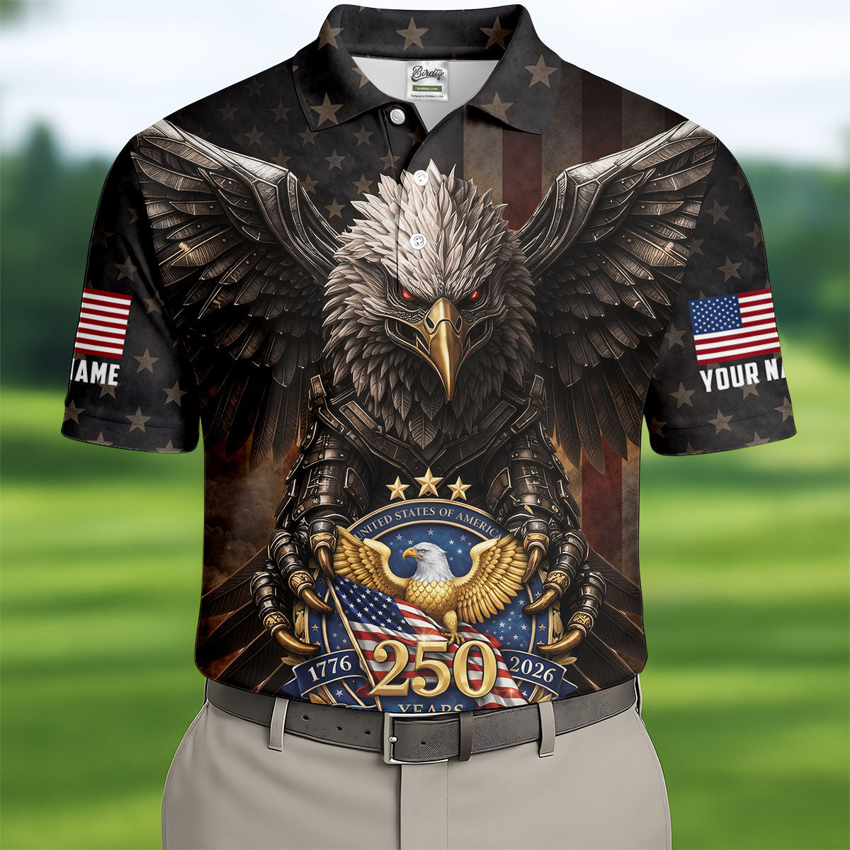 250 Years Fierce Eagle American Flag Retro Golf Shirt, Patriotic 4th Of July Golf Shirts For Men