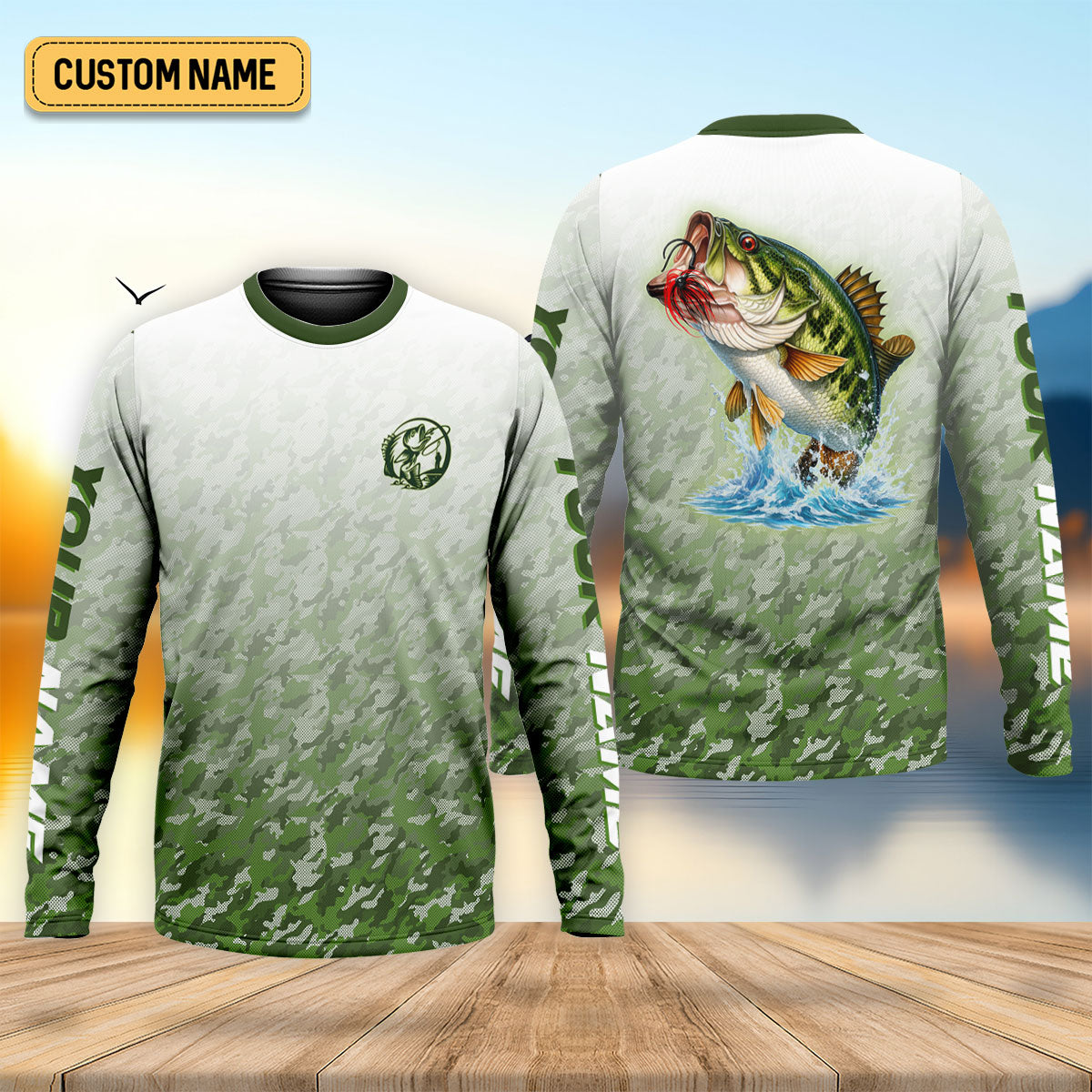 Custom Largemouth Bass Fishing Shirt for Men, Camo Green Angler Shirt, Fishing UPF Shirts