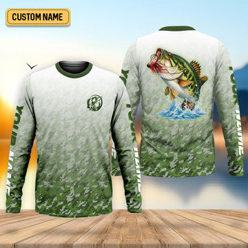 Custom Largemouth Bass Fishing Shirt for Men, Camo Green Angler Shirt, Fishing UPF Shirts